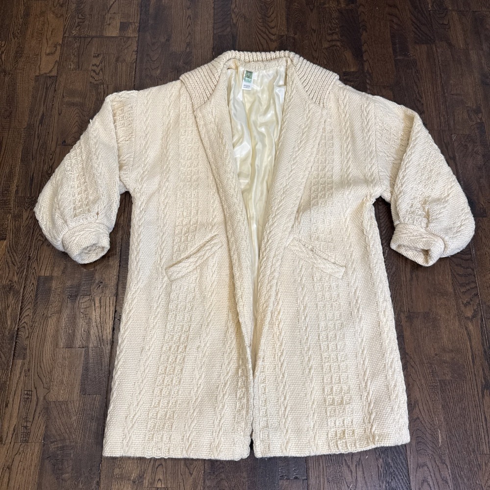 Branigan Weavers Womens Wool Sweater Coat Jacket Cardigan Ireland Ivory Medium